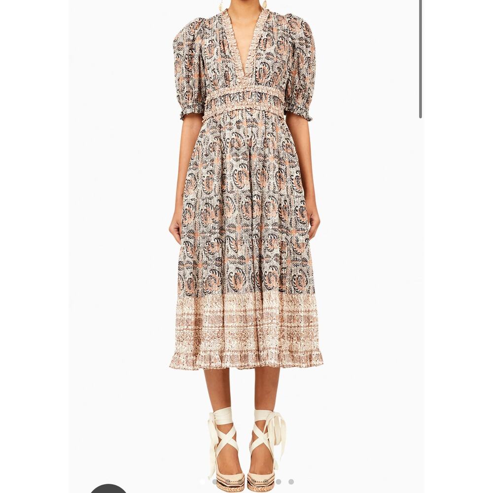 Ulla Johnson Elli Dress Yarrow Puff Sleeve Midi Length V Neck Leaf Print Dress 6